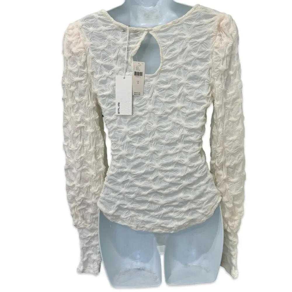 Anthropologie BTFL Life Ivory Textured Popcorn Bishop Sleeve Blouse Sz S NEW Tag
